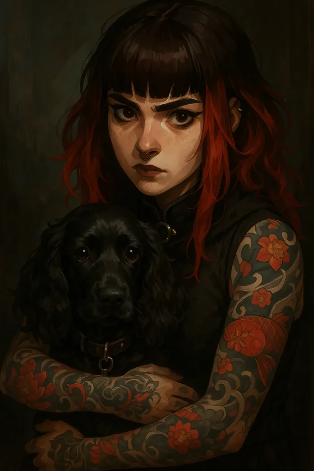 Photo représentant Emma Gil avec son chien dans le style graphique de League of Legend