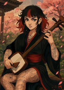 Dessin numérique représentant une femme jouant du shamisen dans un style japonais avec des arbres sakura