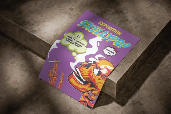 Mockup de l'affiche Pop Art pour l'exposition fictive Skelly Pop