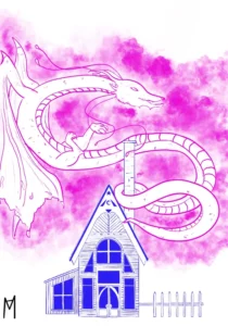 Dessin numérique : Dragon et maison effet encre