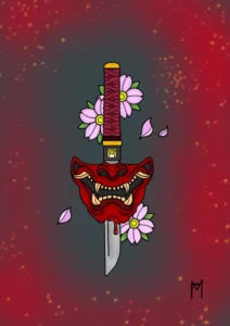 Dessin numérique : lame japonaise avec demi masque de oni